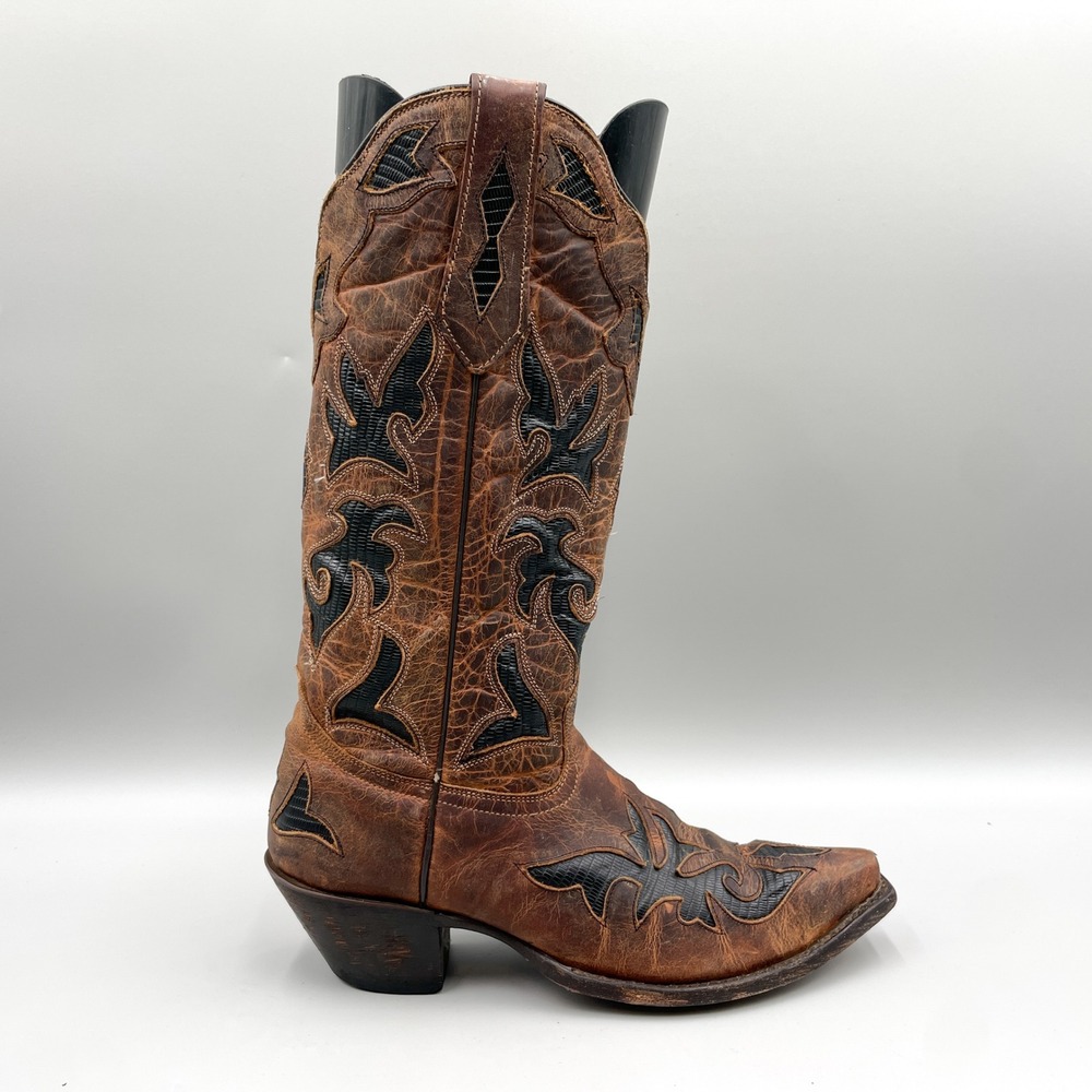 Johnny Ringo Womens 7 Brown Leather Black Lizard Inlay Western Cowboy Boots Boho